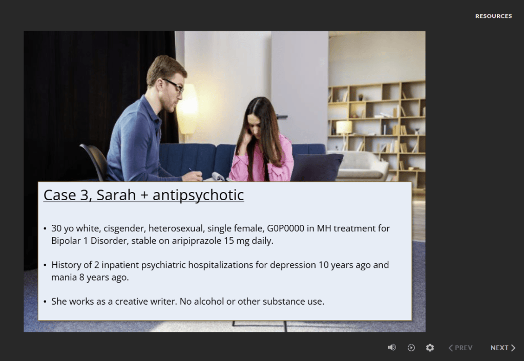 Picture of woman and man talking with a text overlay of her case history.